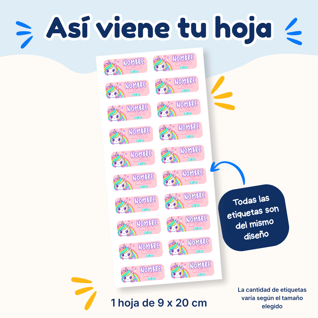 Unicornio Arcoiris – Etiquetas Personalizadas con Nombre